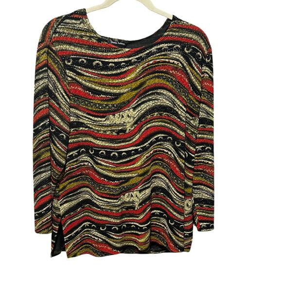 Sharon Anthony Top 2X Muted Tone‎ Abstract Stretch Metallic Wave Artsy Boho Chic - Picture 1 of 7